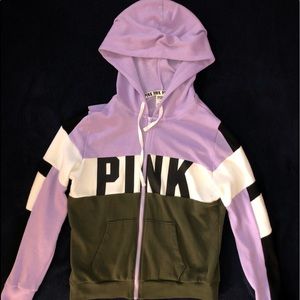 PINK purple, dark green & white zip- up hoodie